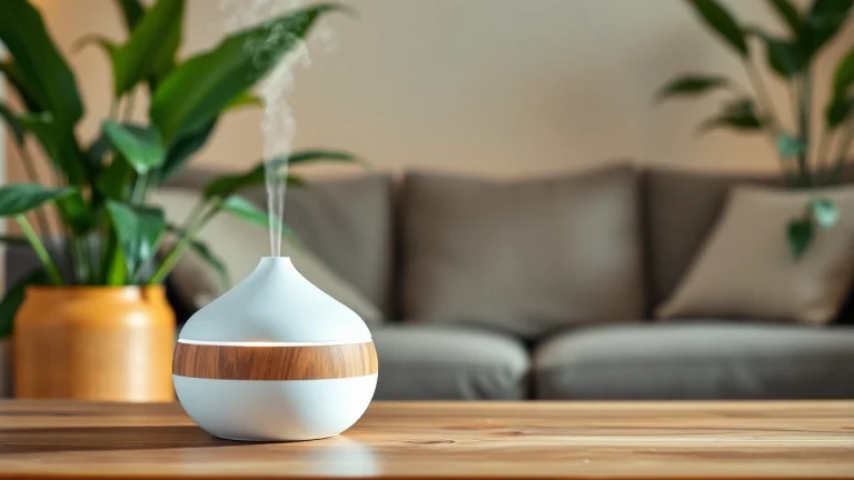 Enhance your space with a stylish USB Air Humidifier Diffuser on a wooden table amidst greenery.