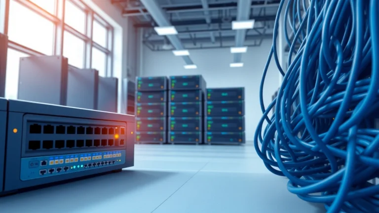 Visualize network infrastructure with interconnected devices in a modern office environment.
