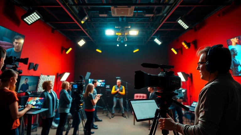 Engaging video production scene showcasing professionals in 영상제작 with diverse activities and a creative workspace.
