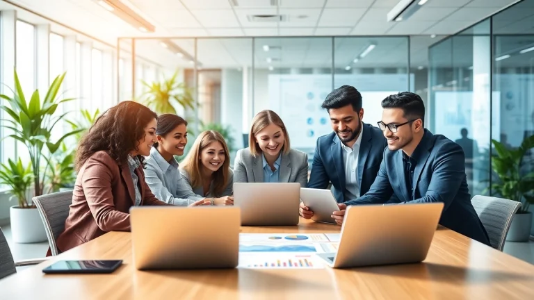 Engaged professional managed IT provider team collaborating in a modern office setting.