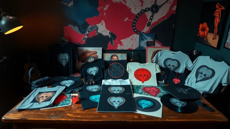 Showcasing diverse Radiohead merch including apparel and vinyl in an artistic setting.