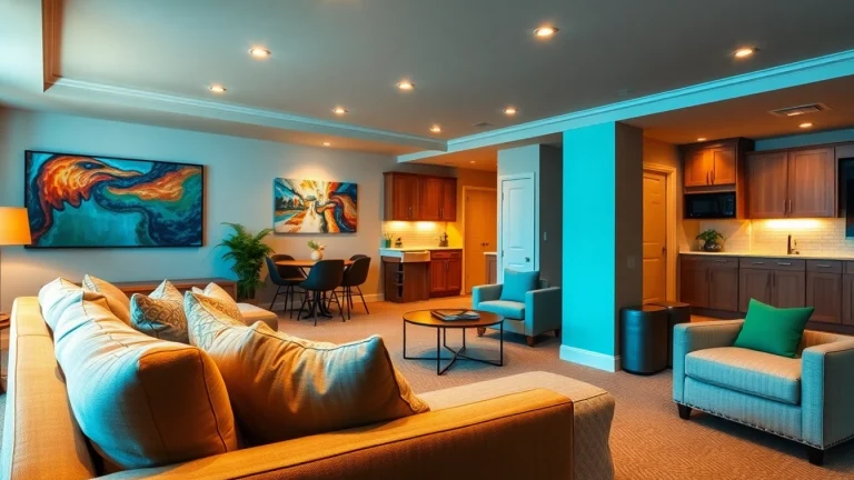Basement finishing Bellevue TN showcasing a stylish lounge area with modern design elements.