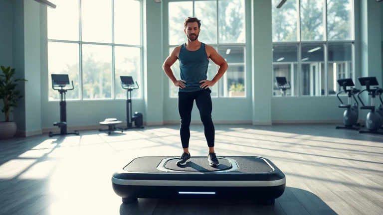 Instructor performing whole body vibration therapy on a vibrating platform in a bright gym setting.