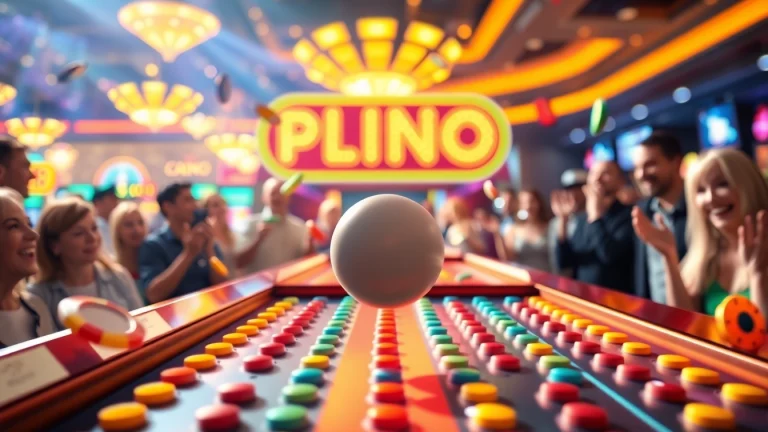 Permainan situs plinko dengan bola yang jatuh di papan penuh peg berwarna-warni di kasino.