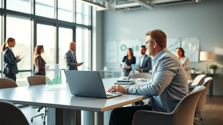 B2B buyer participating in a strategic meeting with colleagues in a modern office space.
