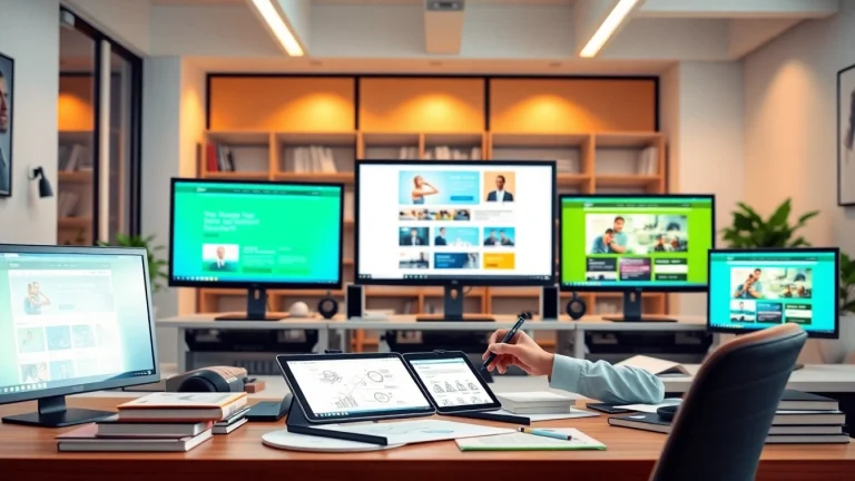Crafting innovative website design in a modern workspace showcasing vibrant layouts.