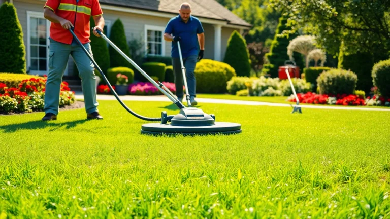 Turf cleaning service team efficiently maintaining a vibrant lawn with professional equipment.