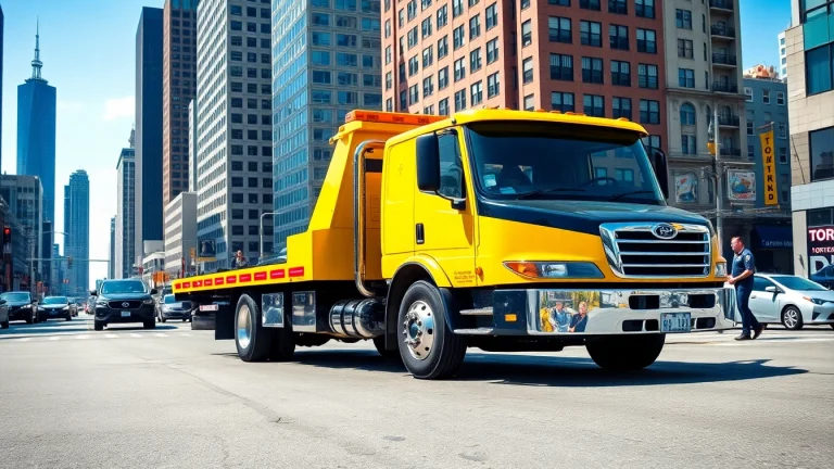 Tow Truck Service in Toronto featuring a flatbed tow truck in an urban setting with bright colors.