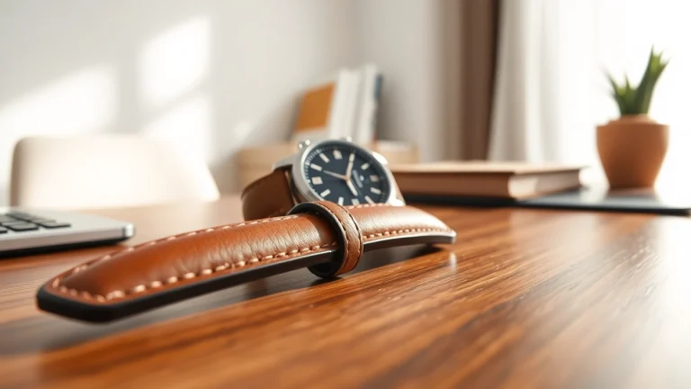 Showcase of an 18mm watch strap elegantly styled with a luxury watch on a polished wooden desk.