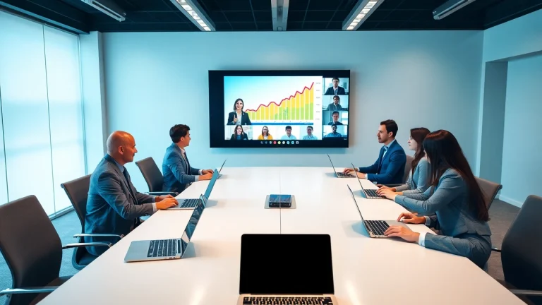 Engaging scene of a Video Conferencing Meeting with professionals collaborating in a modern setting