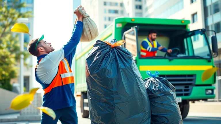 Efficient fast rubbish removal service team lifting debris in an urban setting.