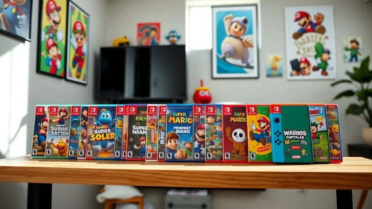 Nintendo Switch games arranged beautifully on display in an inviting gaming room setting.
