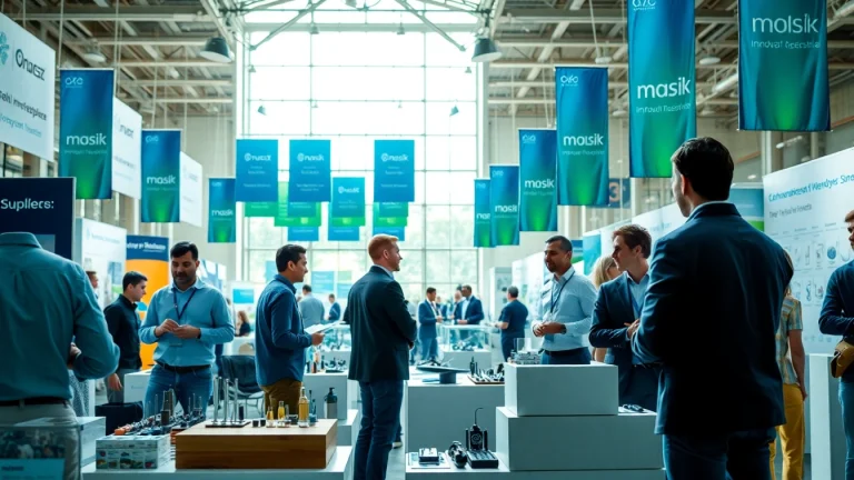 Suppliers showcasing their products in a vibrant marketplace setting filled with interaction.