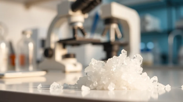 Focus on CarboxyMethyl Cellulose crystals in a laboratory setting with research equipment.