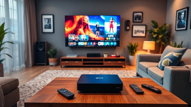 Comprar IPTV en un moderno salón con un televisor y una elegante caja IPTV.