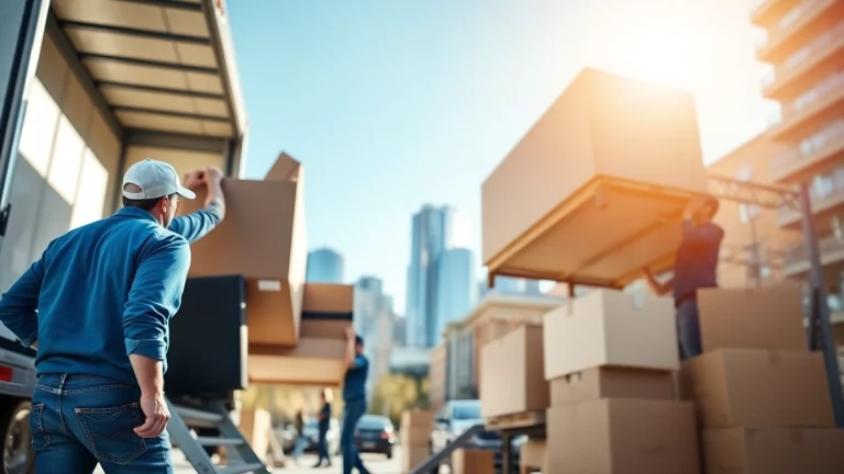 Movers Calgary efficiently transporting furniture into a bright moving truck in an urban setting.