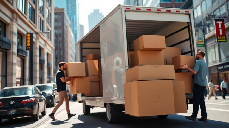 Movers in Toronto area efficiently handling furniture and boxes in a vibrant urban environment.