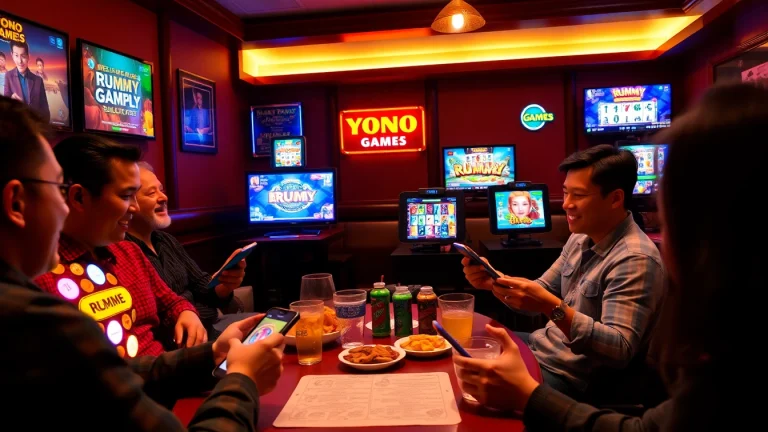 Players engaged in YONO GAMES, enjoying rummy and slots in a lively gaming lounge.