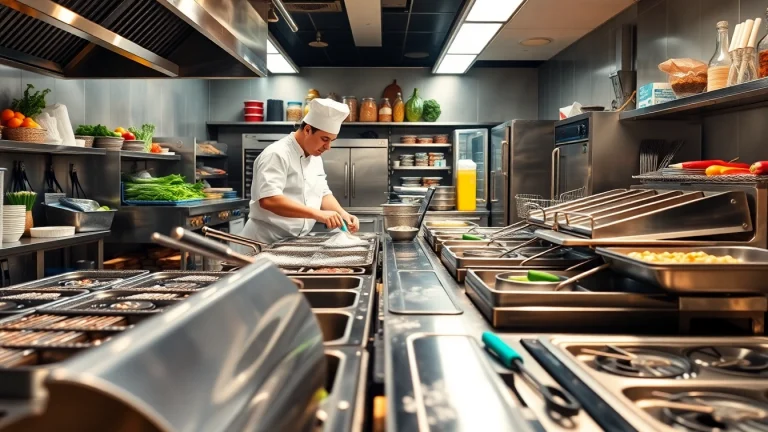 Engaging in thorough Restaurant Cooking Appliance Cleaning in a vibrant kitchen with polished cooking equipment.