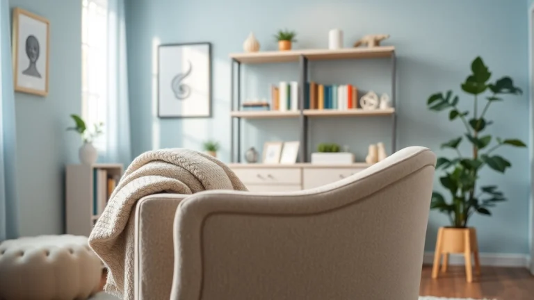 Depicting a calming therapist's office to help manage anxiety in a peaceful environment.